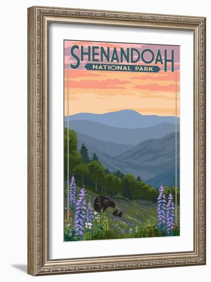 Shenandoah National Park, Virginia - Black Bear and Cubs Spring Flowers-Lantern Press-Framed Art Print