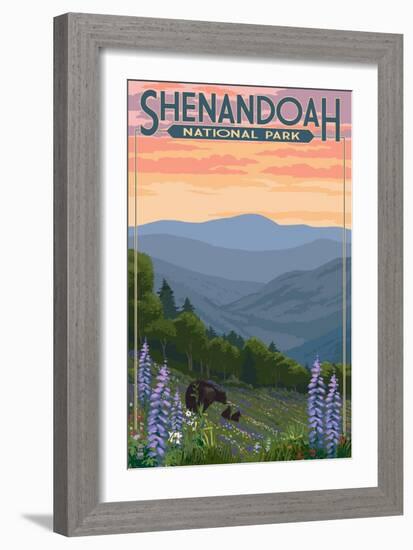 Shenandoah National Park, Virginia - Black Bear and Cubs Spring Flowers-Lantern Press-Framed Art Print