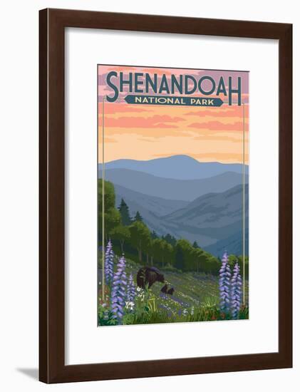 Shenandoah National Park, Virginia - Black Bear and Cubs Spring Flowers-Lantern Press-Framed Art Print