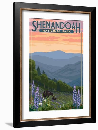 Shenandoah National Park, Virginia - Black Bear and Cubs Spring Flowers-Lantern Press-Framed Art Print