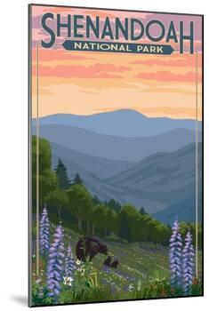 Shenandoah National Park, Virginia - Black Bear and Cubs Spring Flowers-Lantern Press-Mounted Art Print