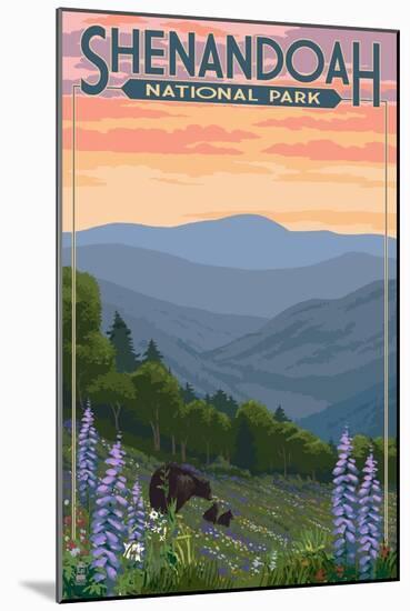 Shenandoah National Park, Virginia - Black Bear and Cubs Spring Flowers-Lantern Press-Mounted Art Print