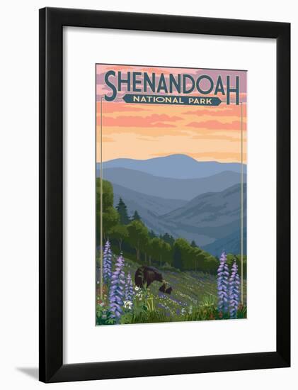 Shenandoah National Park, Virginia - Black Bear and Cubs Spring Flowers-Lantern Press-Framed Art Print