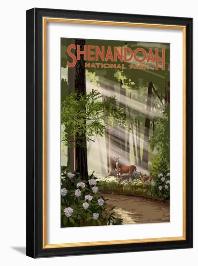 Shenandoah National Park, Virginia - Deer and Fawns-Lantern Press-Framed Art Print