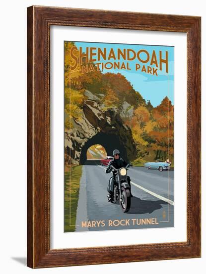 Shenandoah National Park, Virginia - Marys Rock Tunnel Motorcycle-Lantern Press-Framed Art Print