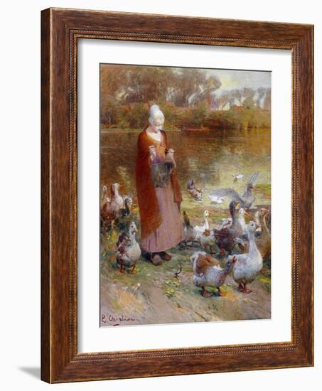 Shepherdess and Turkeys-Luigi Chialiva-Framed Giclee Print