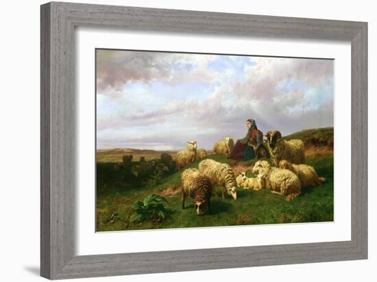 Shepherdess Resting with Her Flock, 1867-Edmond Jean-Baptiste Tschaggeny-Framed Giclee Print