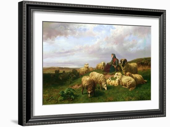 Shepherdess Resting with Her Flock, 1867-Edmond Jean-Baptiste Tschaggeny-Framed Giclee Print