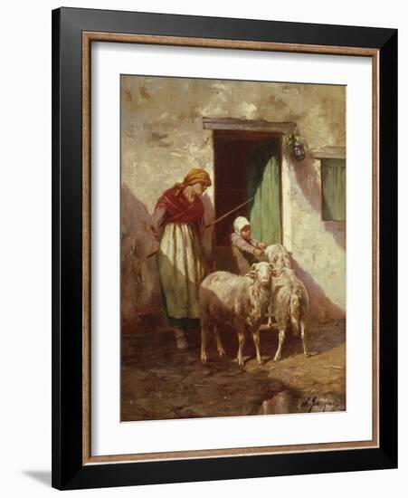 Shepherdess with a Child and Two Sheep (Oil on Canvas)-Charles Emile Jacque-Framed Giclee Print