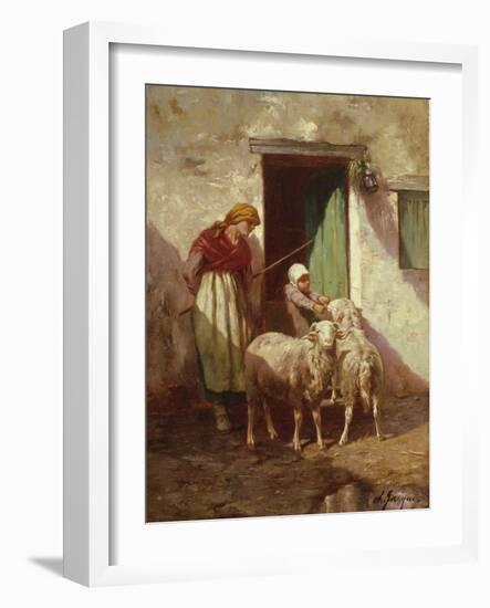 Shepherdess with a Child and Two Sheep (Oil on Canvas)-Charles Emile Jacque-Framed Giclee Print