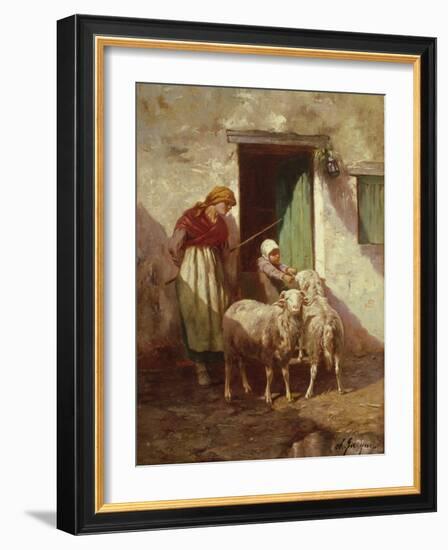 Shepherdess with a Child and Two Sheep (Oil on Canvas)-Charles Emile Jacque-Framed Giclee Print