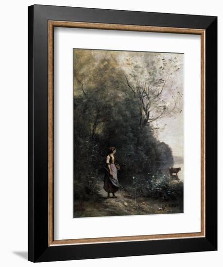 Shepherdess with a Cow at the Edge of the Forest, 1865-1870-Jean-Baptiste-Camille Corot-Framed Giclee Print