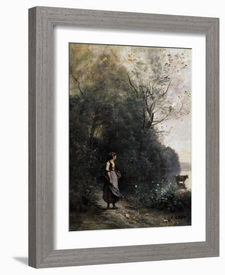 Shepherdess with a Cow at the Edge of the Forest, 1865-1870-Jean-Baptiste-Camille Corot-Framed Giclee Print