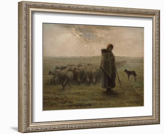 Shepherdess with her Flock, by Jean-François Millet,-Jean-François Millet-Framed Art Print