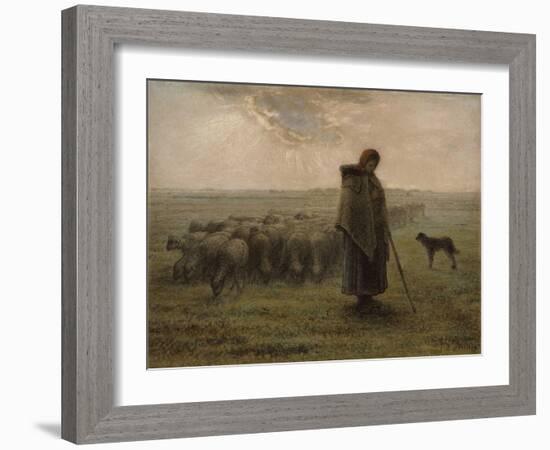 Shepherdess with her Flock, by Jean-François Millet,-Jean-François Millet-Framed Art Print