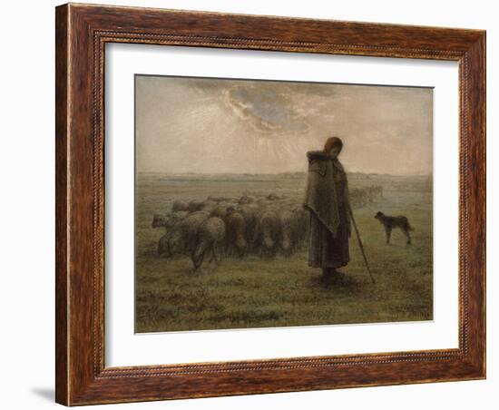 Shepherdess with her Flock, by Jean-François Millet,-Jean-François Millet-Framed Art Print