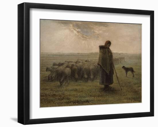 Shepherdess with her Flock, by Jean-François Millet,-Jean-François Millet-Framed Art Print