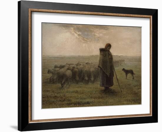 Shepherdess with her Flock, by Jean-François Millet,-Jean-François Millet-Framed Art Print