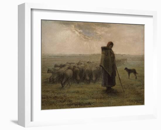 Shepherdess with her Flock, by Jean-François Millet,-Jean-François Millet-Framed Art Print