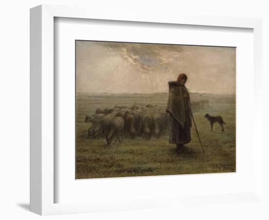 Shepherdess with her Flock, by Jean-François Millet,-Jean-François Millet-Framed Premium Giclee Print