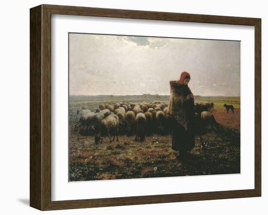 Shepherdess with Her Flock-Jean-François Millet-Framed Art Print