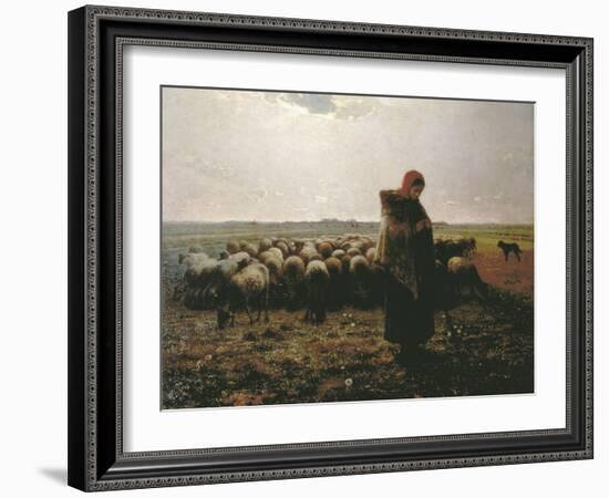 Shepherdess with Her Flock-Jean-François Millet-Framed Art Print