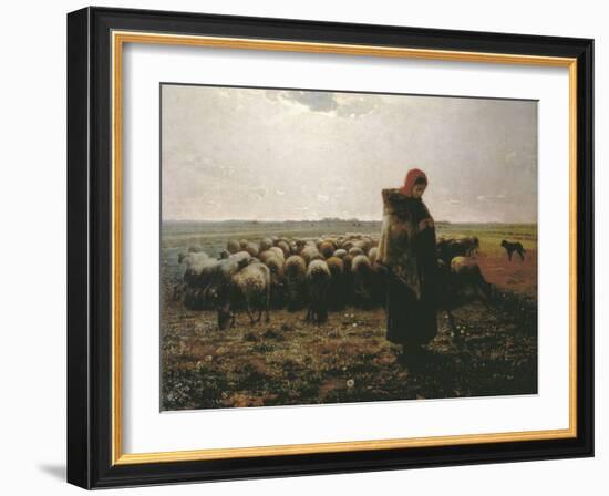 Shepherdess with Her Flock-Jean-François Millet-Framed Art Print