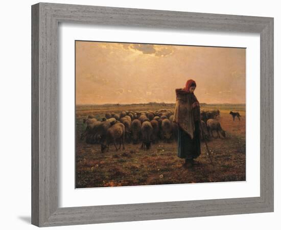 Shepherdess with Her Flock-Jean-Fran?ois Millet-Framed Art Print