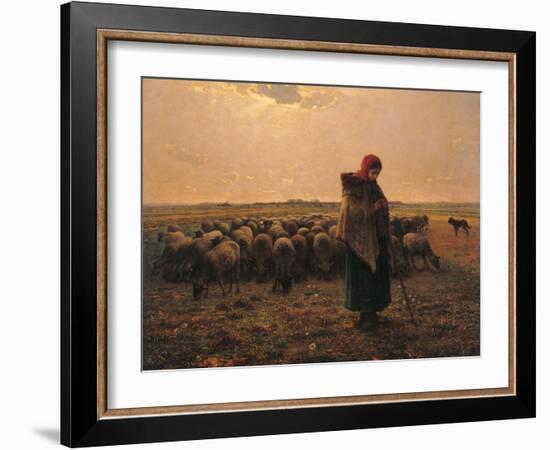 Shepherdess with Her Flock-Jean-Fran?ois Millet-Framed Art Print