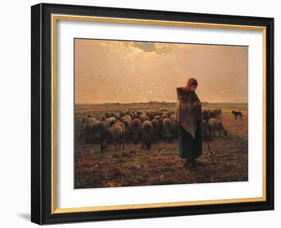 Shepherdess with Her Flock-Jean-Fran?ois Millet-Framed Art Print