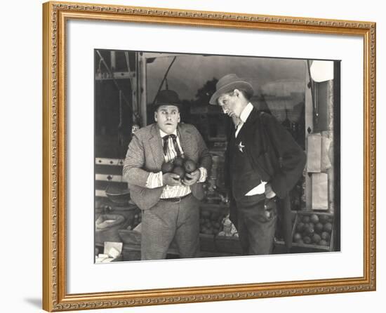 Sheriff Catching Man Stealing from Fruit Stand-null-Framed Photo