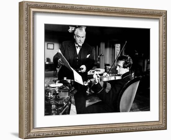 Sherlock Holmes and the Voice of Terror, from Left, Nigel Bruce, Basil Rathbone, 1942-null-Framed Premium Photographic Print