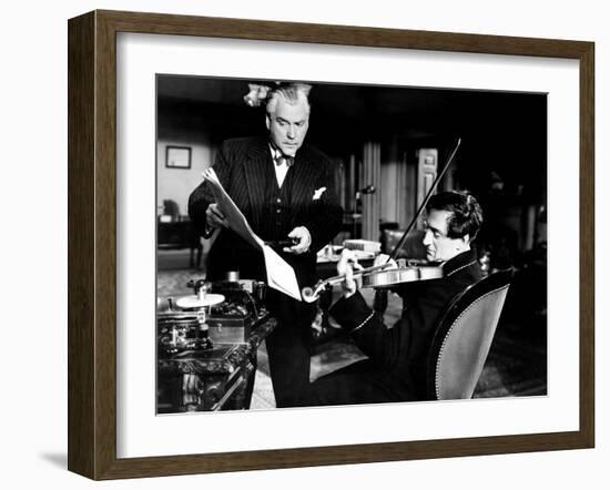 Sherlock Holmes and the Voice of Terror, from Left, Nigel Bruce, Basil Rathbone, 1942-null-Framed Premium Photographic Print