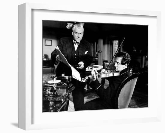 Sherlock Holmes and the Voice of Terror, from Left, Nigel Bruce, Basil Rathbone, 1942-null-Framed Premium Photographic Print