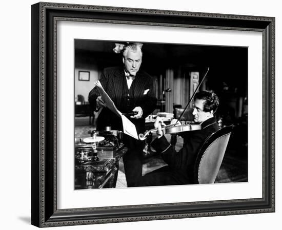 Sherlock Holmes and the Voice of Terror, from Left, Nigel Bruce, Basil Rathbone, 1942-null-Framed Premium Photographic Print