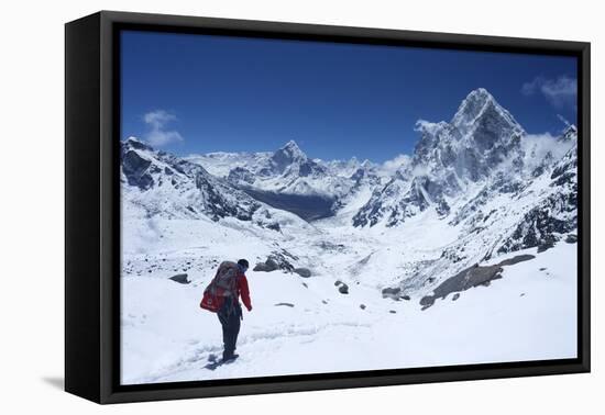 Sherpa Guide Walking over Cho La Pass with Ama Dablam on Left and Arakam Tse on Right Side-Peter Barritt-Framed Premier Image Canvas