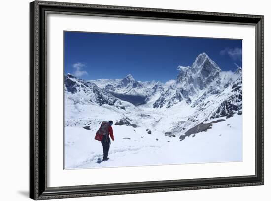 Sherpa Guide Walking over Cho La Pass with Ama Dablam on Left and Arakam Tse on Right Side-Peter Barritt-Framed Photographic Print