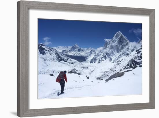 Sherpa Guide Walking over Cho La Pass with Ama Dablam on Left and Arakam Tse on Right Side-Peter Barritt-Framed Photographic Print