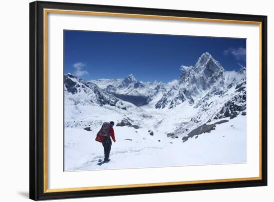 Sherpa Guide Walking over Cho La Pass with Ama Dablam on Left and Arakam Tse on Right Side-Peter Barritt-Framed Photographic Print