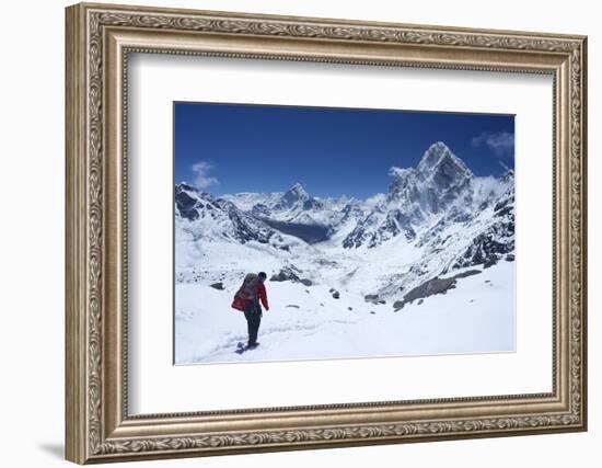 Sherpa Guide Walking over Cho La Pass with Ama Dablam on Left and Arakam Tse on Right Side-Peter Barritt-Framed Photographic Print