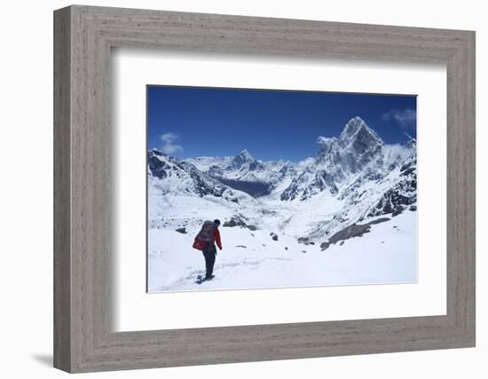 Sherpa Guide Walking over Cho La Pass with Ama Dablam on Left and Arakam Tse on Right Side-Peter Barritt-Framed Photographic Print