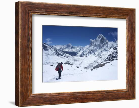 Sherpa Guide Walking over Cho La Pass with Ama Dablam on Left and Arakam Tse on Right Side-Peter Barritt-Framed Photographic Print