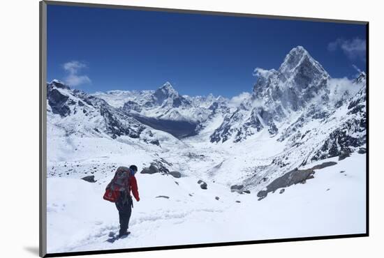 Sherpa Guide Walking over Cho La Pass with Ama Dablam on Left and Arakam Tse on Right Side-Peter Barritt-Mounted Photographic Print