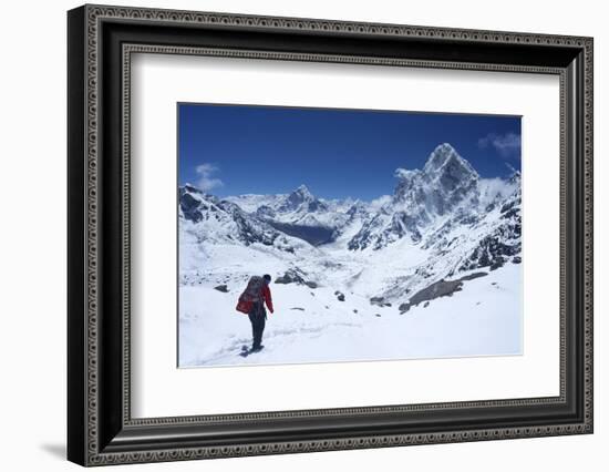 Sherpa Guide Walking over Cho La Pass with Ama Dablam on Left and Arakam Tse on Right Side-Peter Barritt-Framed Photographic Print