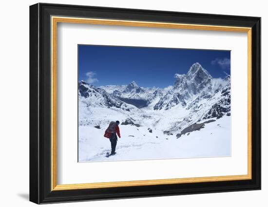 Sherpa Guide Walking over Cho La Pass with Ama Dablam on Left and Arakam Tse on Right Side-Peter Barritt-Framed Photographic Print