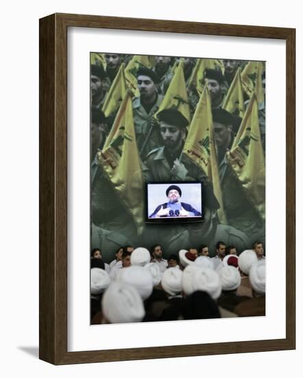 Shiite Cleric Men Listen to Hezbollah Leader Sheik Hassan Nasrallah Giving Speech, Beirut, Lebanon-null-Framed Photographic Print