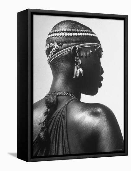 Shilluk Tribe Girl Wearing Decorative Beaded Head Gear in Sudd Region of the Upper Nile, Sudan-Eliot Elisofon-Framed Premier Image Canvas