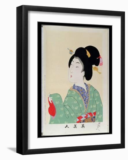 Shin Bijin (True Beauties) Depicting a Woman in a Green Floral Kimono, from a Series of 36,…-Toyohara Chikanobu-Framed Premium Giclee Print