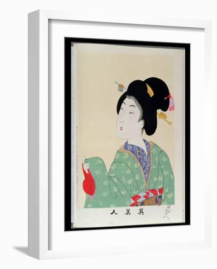 Shin Bijin (True Beauties) Depicting a Woman in a Green Floral Kimono, from a Series of 36,…-Toyohara Chikanobu-Framed Premium Giclee Print