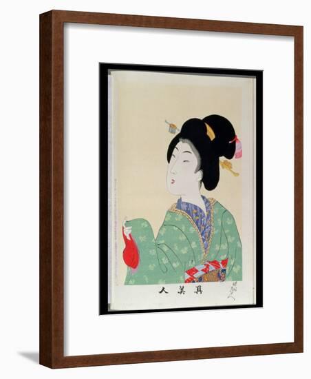 Shin Bijin (True Beauties) Depicting a Woman in a Green Floral Kimono, from a Series of 36,…-Toyohara Chikanobu-Framed Premium Giclee Print